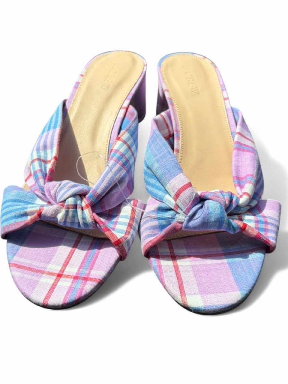 J. Crew Pastel Plaid Knot-Front Slide Heels in Pink & Blue